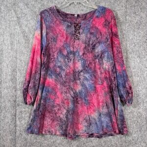 Vtg Cocomo Womens‎ Shirt Pink Blue Tie Dye Boho Tunic Top Plus Size 1X Hippie